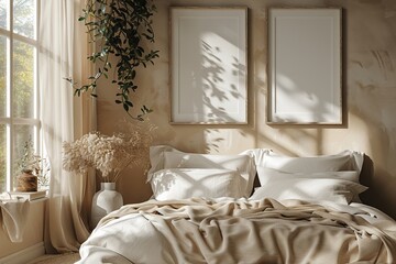 Neutral bedroom beige tones three blank frames comfy bedding natural light simple design