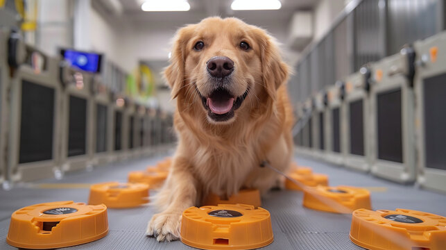 dog enjoying smart pet activity zones, speaking buttons, at luxury pet care center