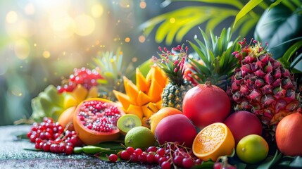 Colorful assortment of exotic fruits and vegetables, perfect for healthy eating and culinary blogs