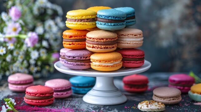 Assorted macarons, great for French pastry shops and gourmet dessert advertising