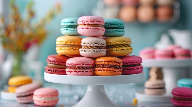 Elegant macarons in a variety of flavors, ideal for dessert photography and bakery promotions