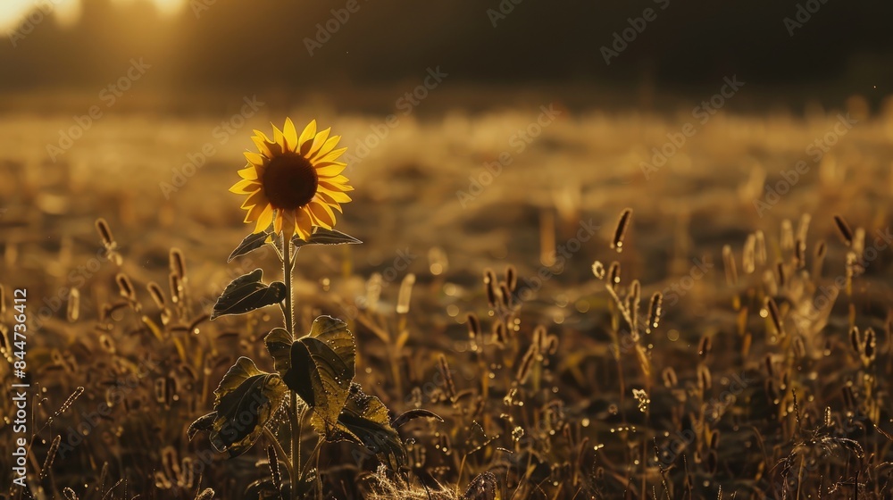 Poster solitary sunflower standing in a sunlit field