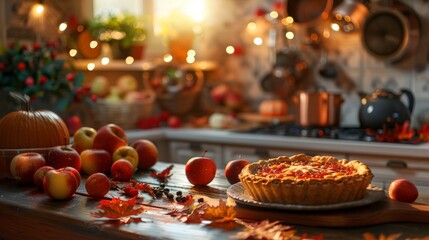 Cozy autumn kitchen with pumpkin pie baking, perfect for fall recipes and seasonal promotions