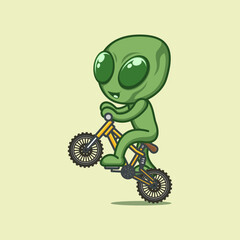 Cute cartoon aliens are playing bicycles