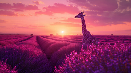 
A giraffe stands in a field of purple flowers. The sky is pink and the sun is setting
