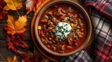 Comforting homemade chili in autumn setting, ideal for seasonal recipes and food promotions