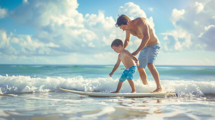 Father coaches his young son in surfing on a sunny beach, helping him find the right stance to catch gentle waves