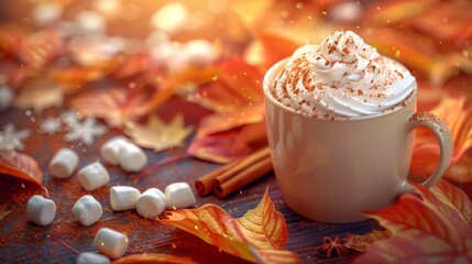 Hot cocoa with marshmallows in autumn setting, ideal for seasonal drinks and cozy home promotions