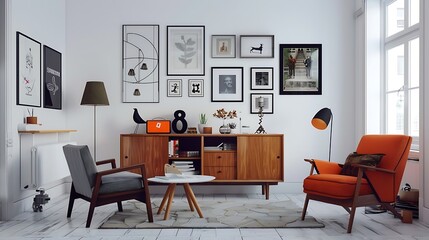 sofa type chair with the rgb lamp placed on the side table with sleek frame on the wall background with text empty space background 