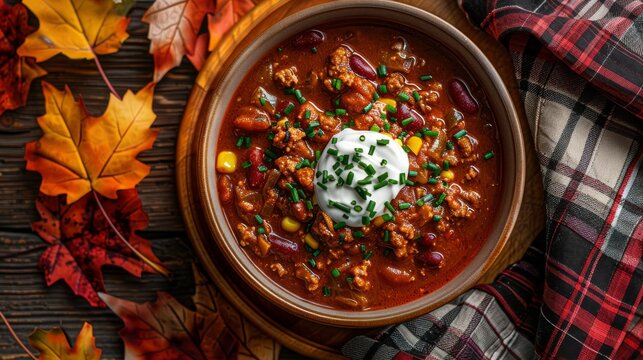 Comforting homemade chili in autumn setting, ideal for seasonal recipes and food promotions