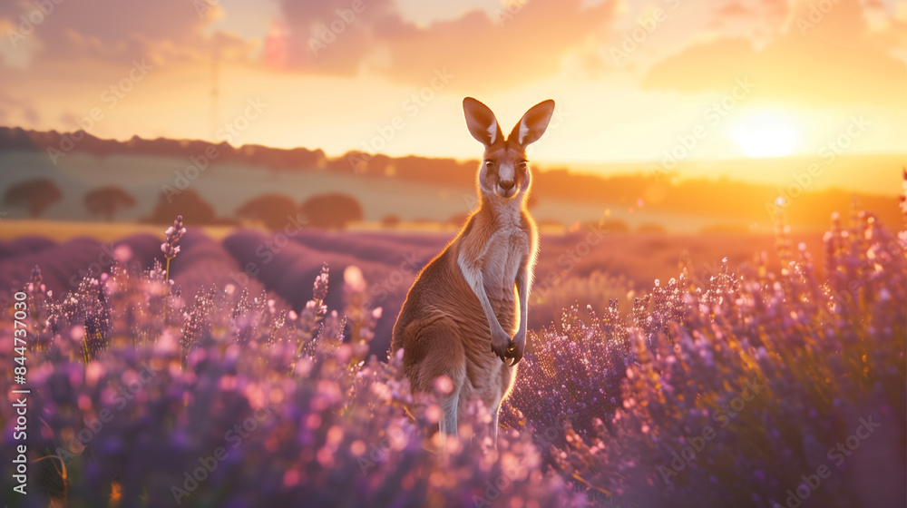 Wall mural a kangaroo is standing in a field of purple flowers. the sky is orange and pink, creating a warm and - Wall murals