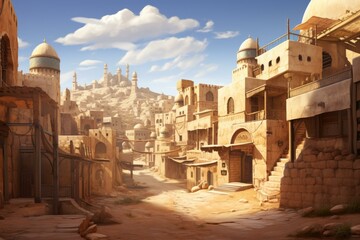 Atmospheric illustration of a historic desert city with intricate sandstone buildings under a serene sky