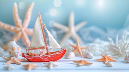 Toy sailboat on summer white background with starfish