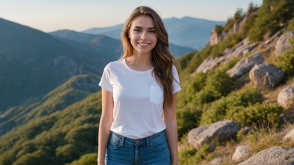 Naklejka premium Young woman wearing white t-shirt and blue jeans standing on a mountain