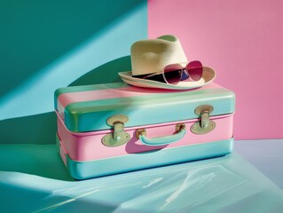 A suitcase with sunglasses and a hat on it, in a commercial photography style, with a minimalist style, as a closeup shot, with bright colors, clean lines, with high resolution, on a solid color