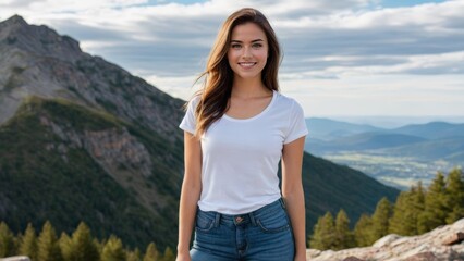 Naklejka premium Young woman wearing white t-shirt and blue jeans standing on a mountain