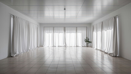 white room with white floor with white wall and white curtains on the window