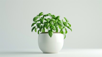 Fototapeta premium 3D illustration of a basil herb plant in a simple ceramic pot on a white background