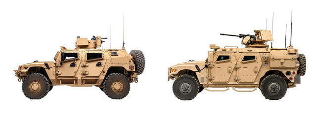 Military Vehicle isolated on transparent png background. Two military vehicles side by side