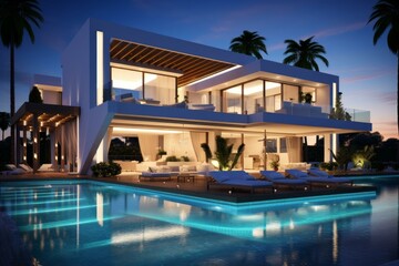 Fototapeta premium Elegant modern villa with illuminated interiors and poolside area at dusk