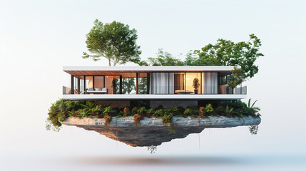 A small house with a black roof and a red brick facade. The house is in the air and has a modern design