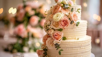 Detailed shot of beautifully decorated wedding cake, ideal for wedding menus and bakery promotions