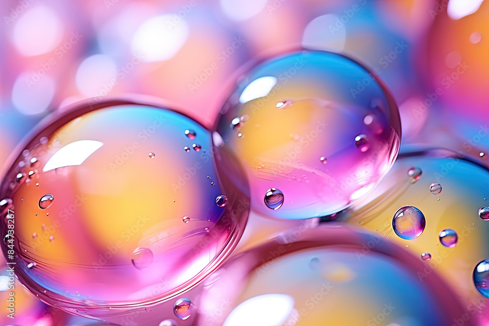 Poster pink holographic bubbles floating on the soft colorful abstract background in beautiful vivid tones.