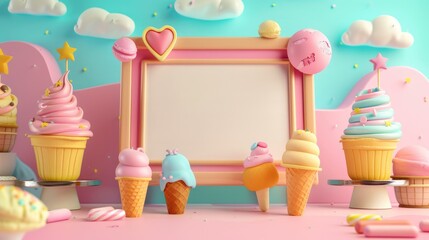 3D summer ice cream stand mockup with a blank menu board and colorful treats