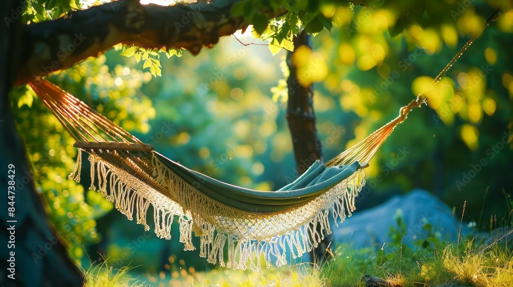 Poster hammock hangs between two trees in a forest on a sunny day