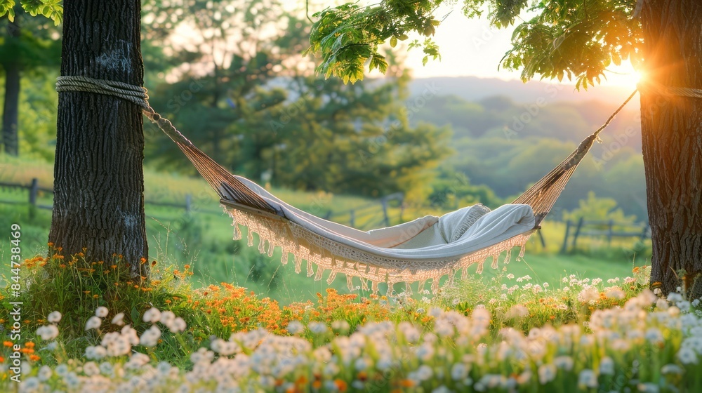 Poster hammock hangs between two trees in a lush green meadow, bathed in the warm glow of a setting sun