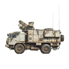 air defense system isolated on transparent png background. A military truck with a large gun on top of it