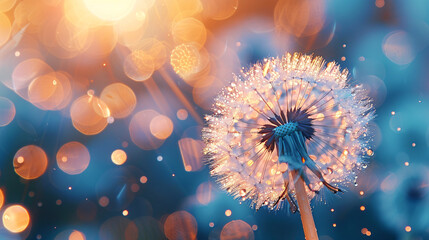 Fototapeta premium Dandelion seeds in front of a bokeh light background