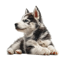Husky puppy with bright blue eyes and a fluffy coat, lying down and looking curiously to the side.