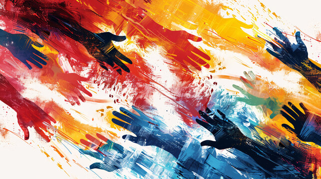 Teamwork and diversity concept, colorful hands reaching out for each other