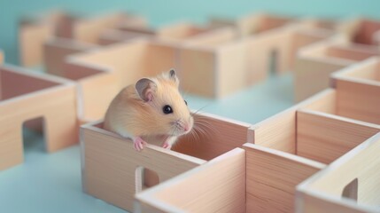 Fototapeta premium Curious hamster exploring a maze on pastel background with a wooden house