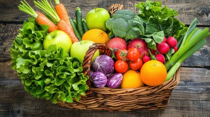 Abundance of Fresh Fruits and Vegetables in Rustic Basket on Wooden Table - Vibrant Harvest of Apples, Oranges, Greens.