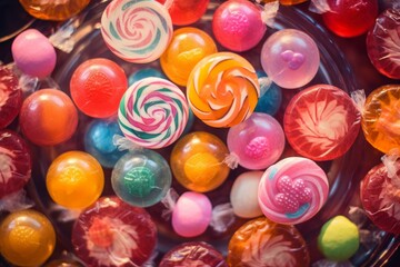 Fototapeta premium Overhead vibrant display of various candies, including lollipops and wrapped treats