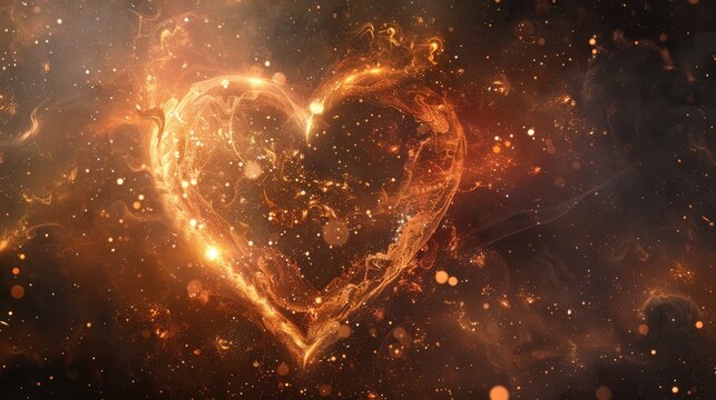 Ethereal rose gold abstract heart shape background with celestial elements