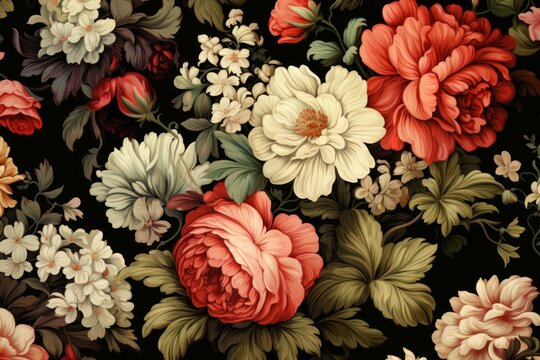 Beautiful vintage floral tapestry pattern with blooming flowers and intricate details on a dark background, perfect for antique wallpaper, botanical illustration, and traditional textile design