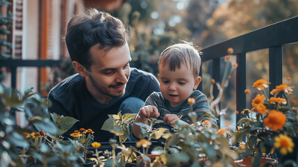 Happy father and son bonding while gardening on a sunny balcony, teaching the importance of nature and nurturing plants