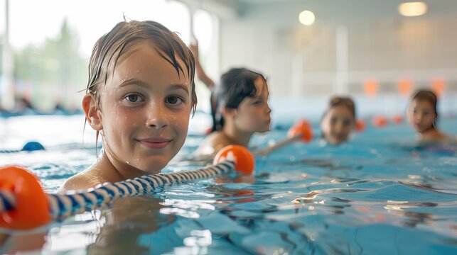Happy kids learning swimming in an indoor summer pool with a safety rope