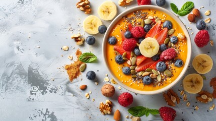 Vibrant smoothie bowl with fruits and nuts, ideal for promoting healthy eating and breakfast options