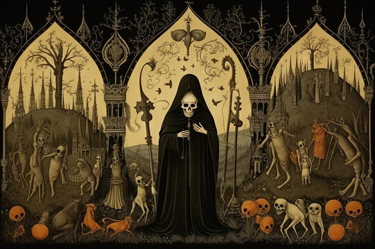 Medieval styled occult art card with skeleton monster. Ancient middle age old book illustration with mystic religious scene.