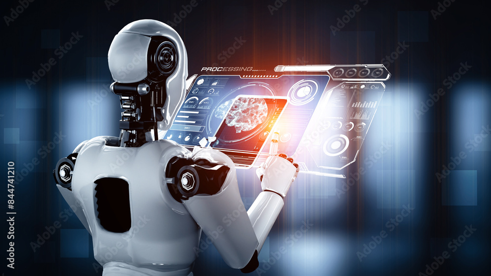 Aufkleber mlp 3d illustration robot hominoid using tablet computer in concept of ai thinking brain , artificia