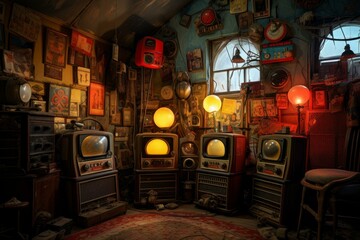 Obraz premium Eclectic array of vintage televisions and radios in a warmly lit, nostalgic attic space