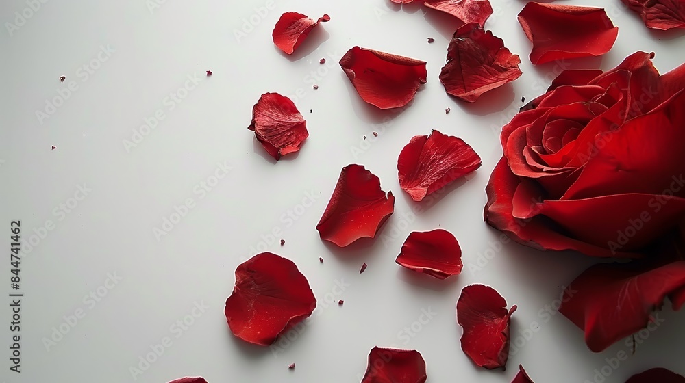 Sticker  A close-up of a red rose against a white surface, with petals falling and wilting only around the rose