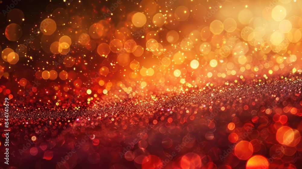 Poster glitter bokeh texture background with a warm red and orange glow and twinkling lights