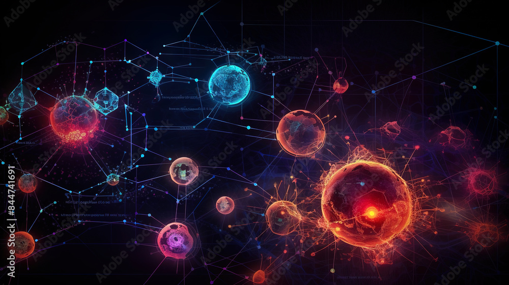 Poster abstract scientific concept with connected cells and particles. science microscopic background.
