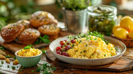 Freshly baked muffins in rustic farmhouse breakfast, ideal for cozy breakfast blogs and culinary promotions