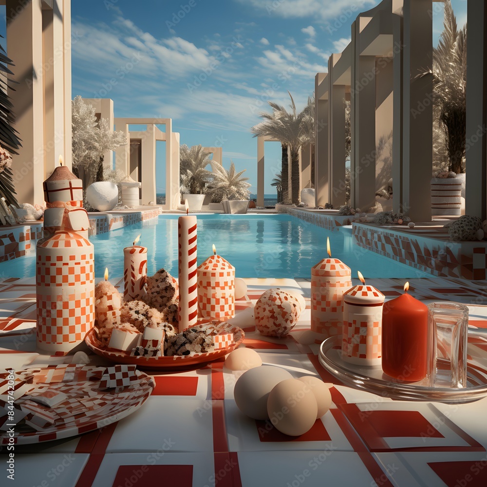 Wall mural 3d rendering of a luxury hotel with swimming pool and palm trees - Wall murals
